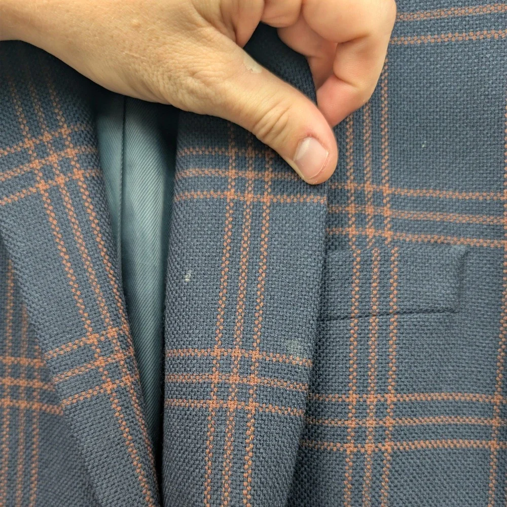 Stafford Blazer Men's 44R Navy Blue Rust Plaid Wool Slim Fit Business Windowpane